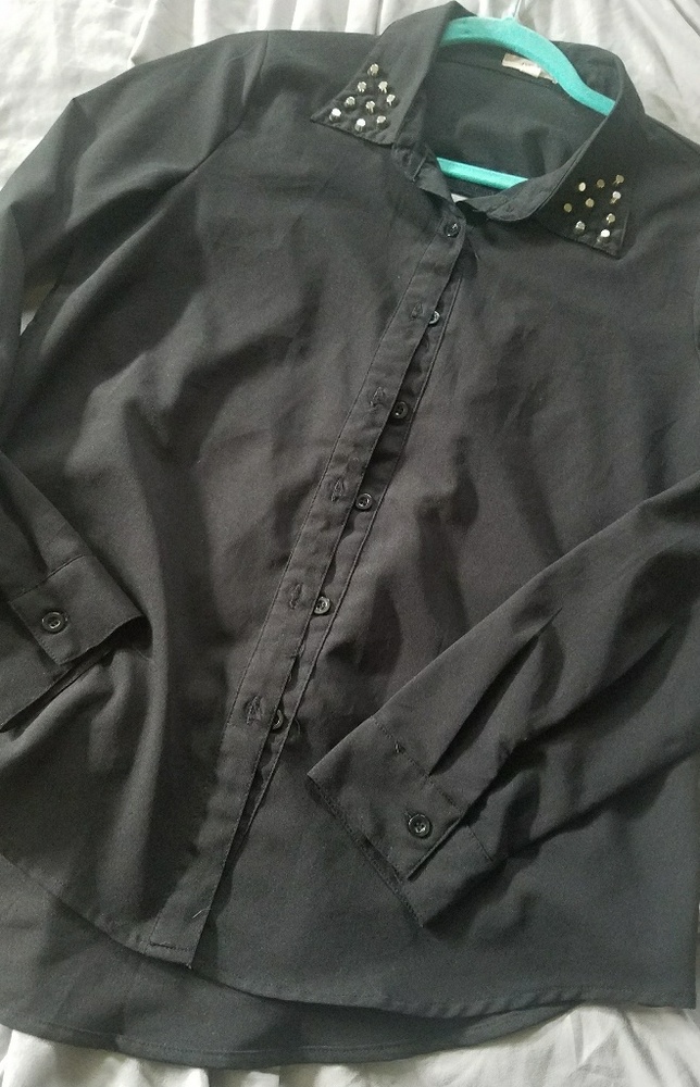 Black Button Up Shirt with Stud Collar Detail